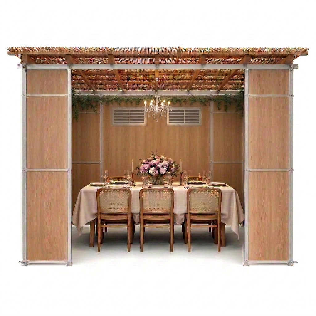 A refined luxury sukkah framed by tropical foliage and warm evening light on a private South Florida estate