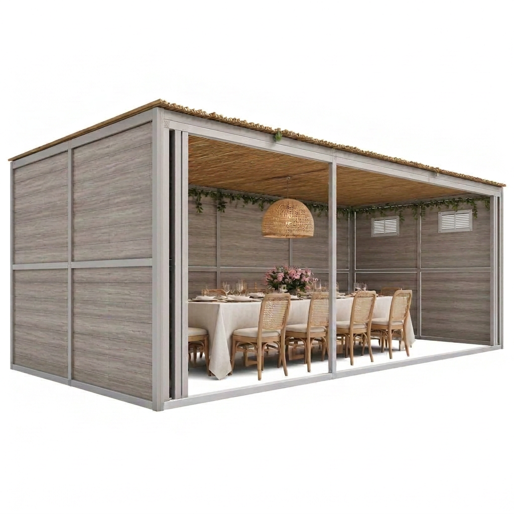 Interior of a luxury modular sukkah with warm wood panels, woven pendant lighting, and an elegant dining set