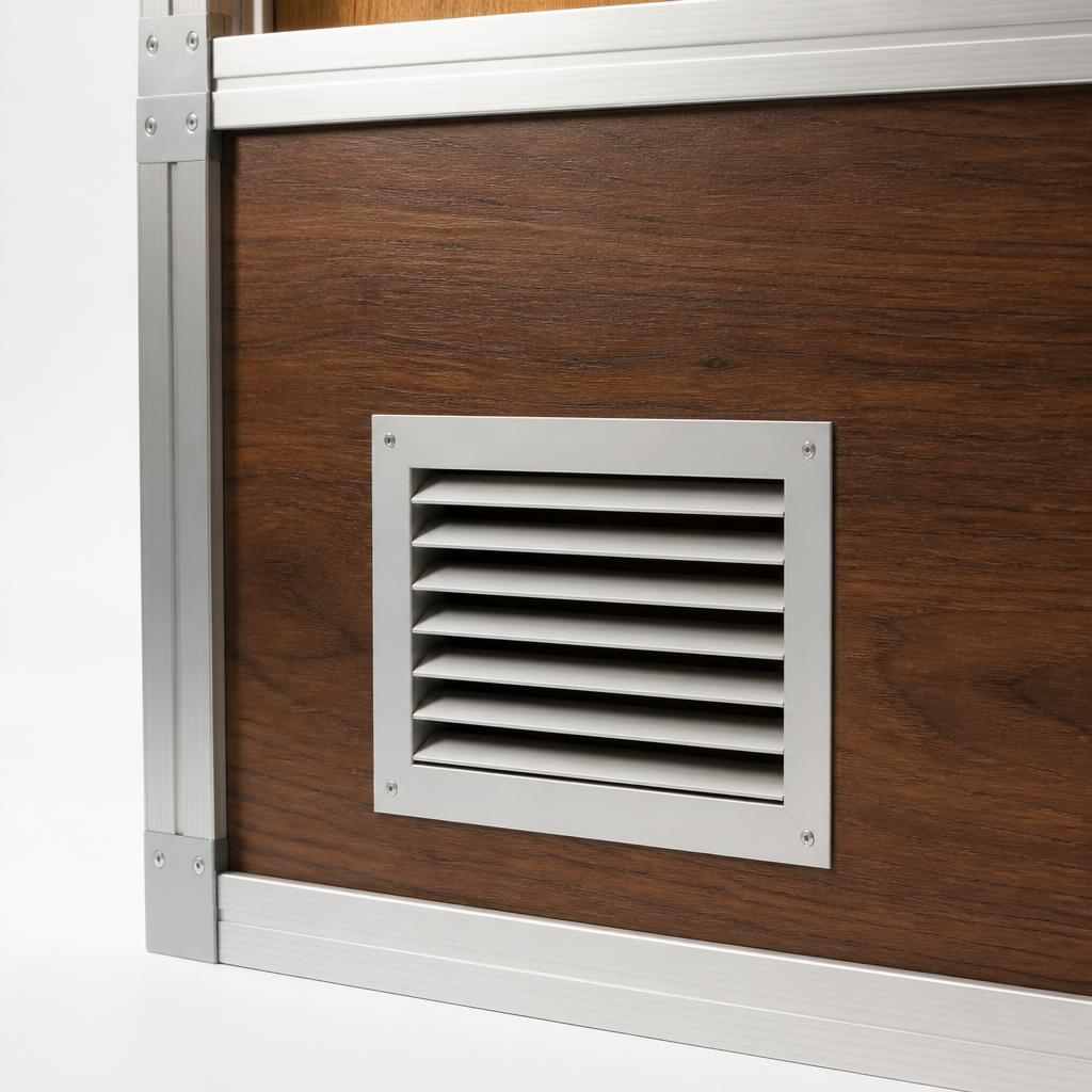 Close-up of a modular sukkah wall panel with two white louvered air-conditioning supply vents and insulated ducting