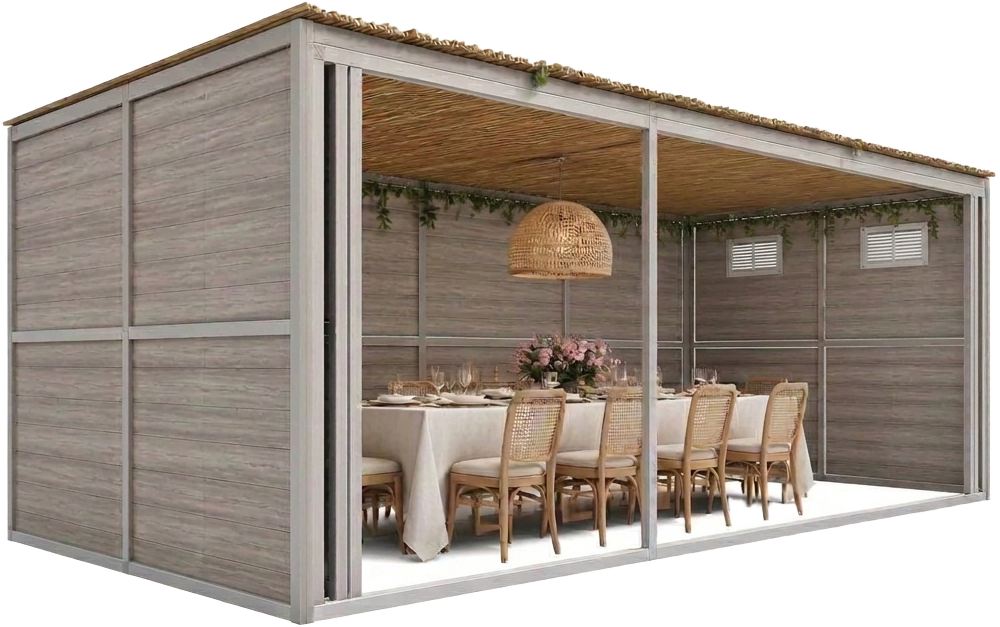 The Extended Family option: a refined modular sukkah with warm wood panels, elegant dining furnishings, and a woven pendant